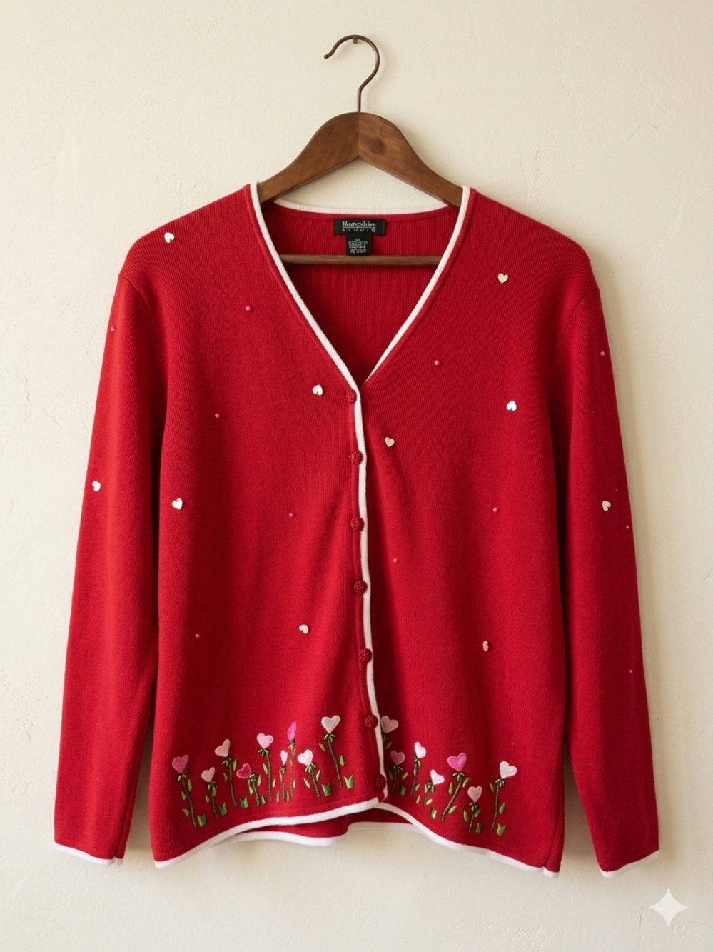 Vintage Red Heart Embroidered Beaded Cardigan Sweater XL Cottagecore Coquette